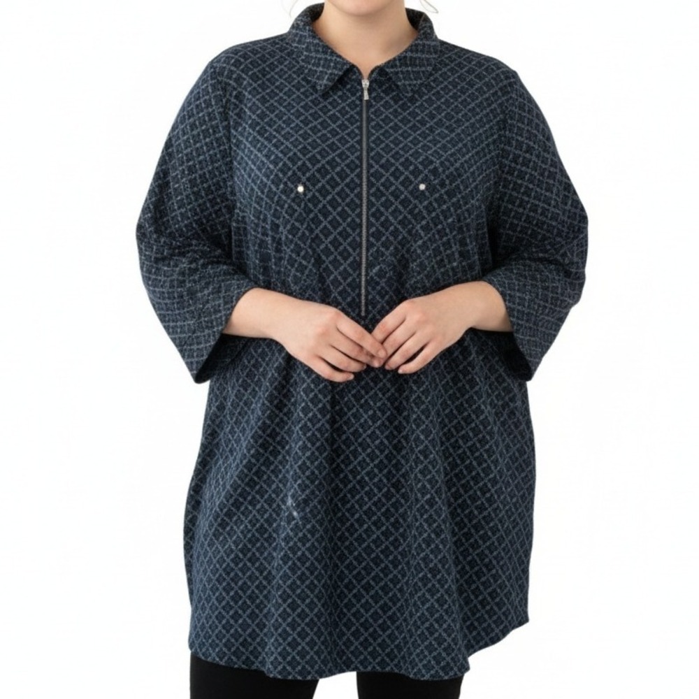 Catherines Womens 2X 22 24W Navy Geometric Print Zip Front Collared Blouse Top